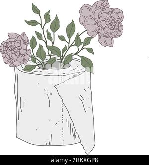 Rolle von Toilettenpapiervase mit zwei rosa Pfingstrose Blumenblüten und grüne Blätter im Inneren platziert Stock Vektor