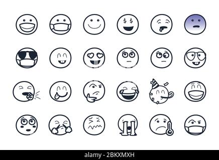 Emojis Gesichter Linie Stil Symbol Set-Design, Cartoon Ausdruck Emoticon und Social Media Thema Vektor-Illustration Stock Vektor