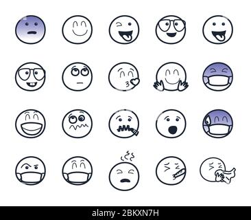 Emojis Gesichter Linie Stil Symbol Set-Design, Cartoon Ausdruck Emoticon und Social Media Thema Vektor-Illustration Stock Vektor