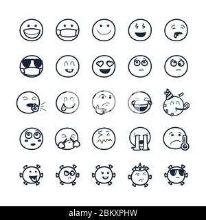 Coronavirus und Emojis Linie Stil Symbol Set Design, Emoticon und Social Media Thema Vektor-Illustration Stock Vektor