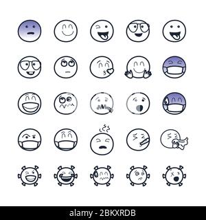 Coronavirus und Emojis Linie Stil Symbol Set Design, Emoticon und Social Media Thema Vektor-Illustration Stock Vektor