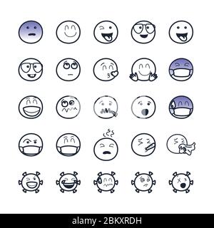 Coronavirus und Emojis Linie Stil Symbol Set Design, Emoticon und Social Media Thema Vektor-Illustration Stock Vektor