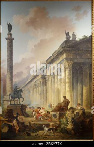 Imaginäre Ansicht von Rom mit Reiterstatue des Marcus Aurelius, Trajanssäule und Tempel von Hubert Robert, 1786, Öl auf Leinwand Stockfoto