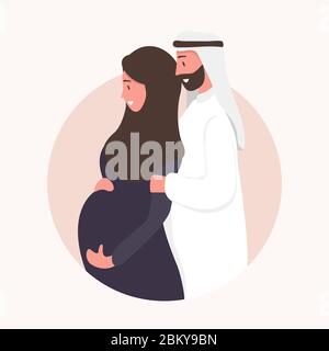 Traditionelle muslimische Familie, Schwangerschaft und Geburt von Kindern in arabischen Paar. Eine schwangere Frau in Hijab und Nationaltracht mit ihrem Mann und Baby. Flach Stock Vektor