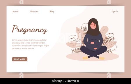 Muslimische schwangere Frau in Abaya und Hijab. Landind-Seitenvorlage. Moderne flache Stil Vektor-Illustration isoliert auf weichem Hintergrund. Stock Vektor