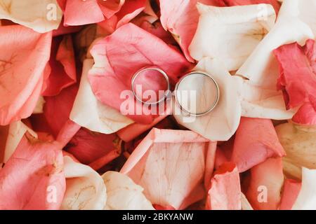 Eheringe auf Rosenblättern Stockfoto