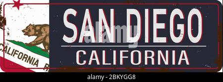 Vintage Zinn Schild mit USA City Name San Diego Retro Souvenir Schild aus Metall Hintergrund. Thema Reisen. Stock Vektor