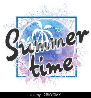 Sommerzeit - Vektorgrafik im Vintage-Grafikstil für T-Shirt und andere Druckproduktionen. Handflächen-Logo-Abzeichen. Sommerurlaub Konzept. Design Stock Vektor