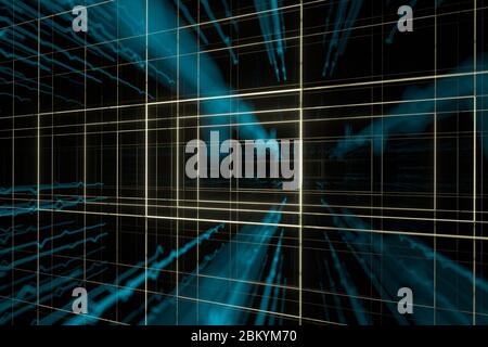 Leuchtende pulsierende grafische Linien, wissenschaftlicher Hintergrund, 3d-Rendering. Digitale Computerzeichnung. Stockfoto