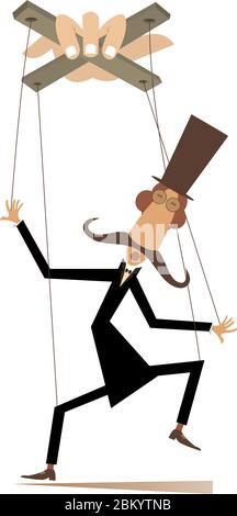 Puppet Mann gesteuert durch Schnüre Konzept Illustration. Langer Schnurrbart Mann im Hut wird durch Schnüre wie Puppe auf weiß isoliert gesteuert Stock Vektor