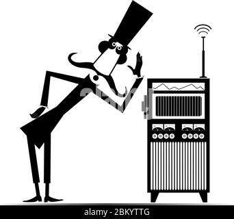 Lustige Schnurrbart Mann in der Hut ist Musik oder Programme von Vintage-Radio schwarz auf weiß hören Stock Vektor