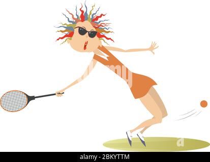 Junge Frau Tennis spielen isoliert Illustration. Hübsche junge Frau in Sonnenbrille mit Tennisschläger schlägt einen Ball isoliert auf weiß Stock Vektor