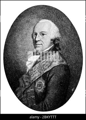 Karl Wilhelm Ferdinand von Braunschweig-Wolfenbüttel, 9. Oktober 1735 - 10. November 1806, war ein deutscher Fürst, der Herzog von Braunschweig und Lüneburg und ab 26. März 1780 Herrscher in Teilfürstentum Braunschweig-Wolfenbüttel / Karl Wilhelm Ferdinand von Braunschweig-Wolfenbüttel, 9. Oktober 1735 - 10. November 1806, war ein deutscher Fürst, ererbter Herzog zu Braunschweig und Lüneburg und ab 26. März 1780 Landesherr im Teilfürstentum Braunschweig-Wolfenbüttel, historisch, historisch, digital verbesserte Reproduktion eines Originals aus dem 19. Jahrhundert / Digitale Reproduktion einer O Stockfoto