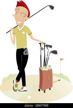 Lächelnder Golfer Mann auf dem Golfplatz Illustration. Cartoon Golfer Mann mit Golftasche und Golfschläger auf der Schulter isoliert auf weiß Stock Vektor