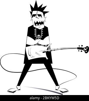 Guitar Player isolierte Illustration. Lustiger Gitarrist mit E-Gitarre schwarz auf weiß Illustration Stock Vektor