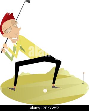 Lächelnder Golfer auf dem Golfplatz Illustration. Lächelnder Golfer auf dem Golfplatz versucht, einen guten Hit zu machen Stock Vektor