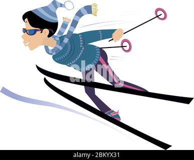 Downhill-Skifahrer Frau Illustration. Frau Skifahrer isoliert auf weiß Stock Vektor