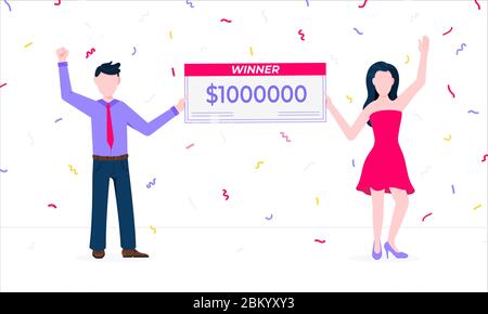 Glückliche Lotteriegewinner mit Gewinnpaycheck. Stock Vektor