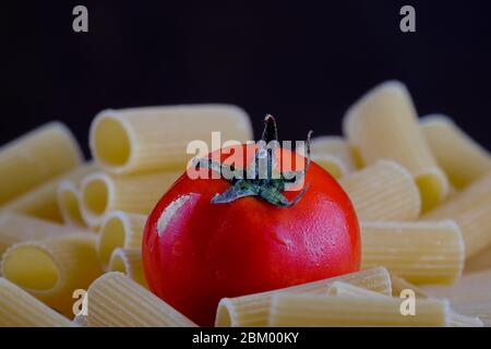 Tomate auf italienische Rigatoni Pasta mit dunklem Hintergrund gelegt Stockfoto