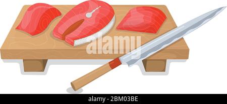 Schneiden Sie Thunfisch Fisch Rolle und Lachs minnow auf Holzküche Bord Konzept isoliert auf weiß, Cartoon Vektor-Illustration. Design Zubereitung Meeresfrüchte, sp Stock Vektor