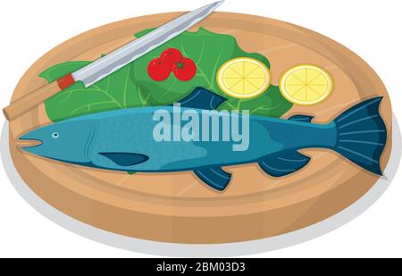 Schneiden Sie Thunfisch Fisch Rolle und Lachs minnow auf Holzküche Bord Konzept isoliert auf weiß, Cartoon Vektor-Illustration. Design Zubereitung Meeresfrüchte, sp Stock Vektor