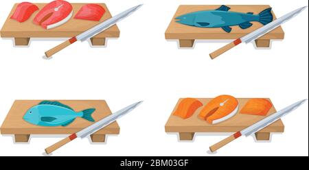 Schneiden Sie Thunfisch Fisch Rolle und Lachs minnow auf Holzküche Bord Konzept isoliert auf weiß, Cartoon Vektor-Illustration. Design Zubereitung Meeresfrüchte, sp Stock Vektor