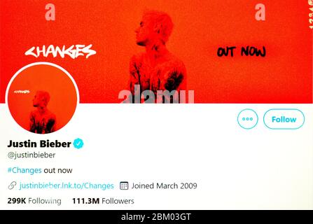 Twitter-Seite (Mai 2020) : Justin Bieber, kanadischer Sänger / Songwriter / Schauspieler Stockfoto