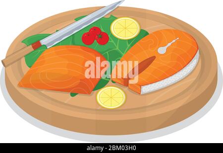 Schneiden Sie Thunfisch Fisch Rolle und Lachs minnow auf Holzküche Bord Konzept isoliert auf weiß, Cartoon Vektor-Illustration. Design Zubereitung Meeresfrüchte, sp Stock Vektor