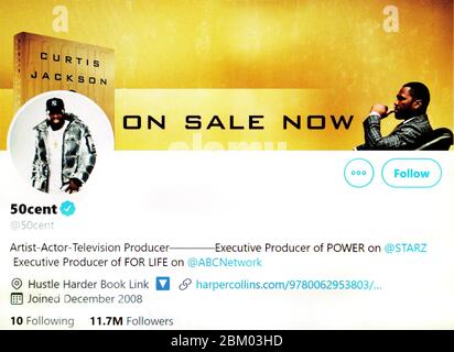 Twitter-Seite (Mai 2020) : 50cent (Curtis James Jackson III) amerikanischer Rapper / Schauspieler / Produzent Stockfoto