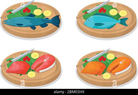 Schneiden Sie Thunfisch Fisch Rolle und Lachs minnow auf Holzküche Bord Konzept isoliert auf weiß, Cartoon Vektor-Illustration. Design Zubereitung Meeresfrüchte, sp Stock Vektor