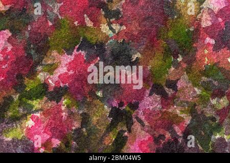 Abstrakte Kunst Hintergrund dunkelgrün und rot Farben. Aquarell auf Leinwand mit lila Flecken. Fragment von Kunstwerken auf Papier mit rosa Blüten sta Stockfoto