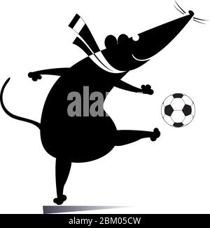 Cartoon Ratte oder Maus spielt Fußball-Illustration. Cartoon Ratte oder Maus kicks einen Ball schwarz auf weiß Stock Vektor