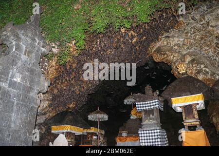 Altäre im Pura Goa Lawah oder bat Cave Temple. Balinesischer Hindu-Tempel, Klungkung, Bali, Indonesien. Einige Fledermäuse fliegen unter einem Felsüberhang. Kolonie von Fledermäusen ha Stockfoto