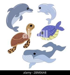 Set von Meerestieren in Vektorgrafiken auf weißem Hintergrund, blauer Wal, Delfine, Schildkröte. Für die Gestaltung von Kindern, Cartoon-Illustrationen Stock Vektor