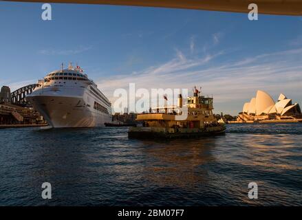 Sydney Opera House und Hafenbrücke mit großem Kreuzfahrtschiff, das am Circular Quay abfährt Stockfoto