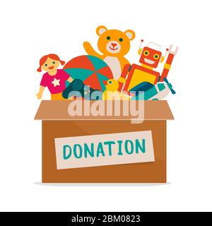 Spenden für Kinder: Spendenbox mit vielen schönen Spielsachen, Solidaritäts- und Freiwilligenkonzept Stock Vektor