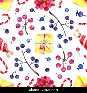 Handgezeichnete Aquarell Gruß nahtlose Muster mit Geschenken, Süßigkeiten und Blumenelemente auf weißem Hintergrund Stockfoto