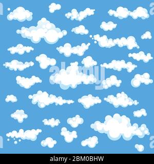 Set von Cartoons Wolken in verschiedenen Formen auf blauem Hintergrund isoliert. Vektorgrafik in flachem Design. Stock Vektor
