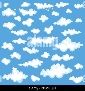 Set von Cartoons Wolken in verschiedenen Formen auf blauem Hintergrund isoliert. Vektorgrafik in flachem Design. Stock Vektor