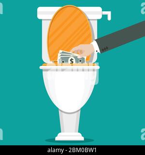 Geschäftsmann Hand setzen Dollar-Rechnungen in der Toilette. Vektorgrafik im flachen Stil. Stock Vektor