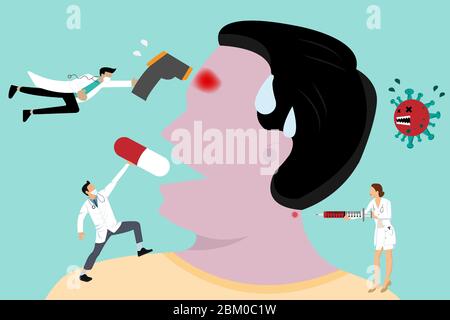 Der Arzt impft mit einer Spritze und einem Infrarot-Thermometer, um die Körpertemperatur für Coronavirus-Grippe-Patienten mit hohem Fieber zu messen. Stock Vektor