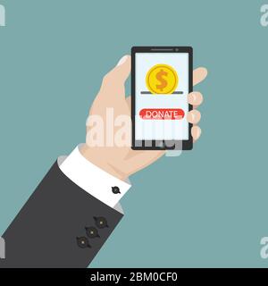 Online-Konzept spenden. Goldmünze und spenden-Taste auf dem Smartphone-Bildschirm. Menschliche Hand hält Smartphone. Vektorgrafik in flachem Design Stock Vektor