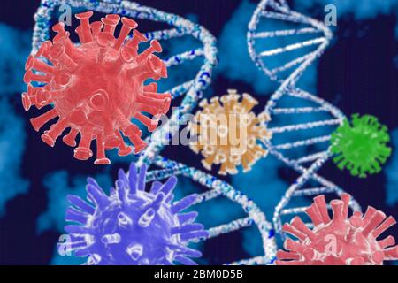 3D-Darstellung von DNA und Coronavirus. Das Konzept des Coronavirus und der Genmutation. Stockfoto
