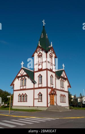 Die lutherische Kirche von Húsavík, Húsavík, Island. Stockfoto