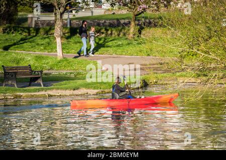 Eine Kajakfahrerin paddelt auf dem Trenance Boating Lake in Newquay in Cornwall. Stockfoto