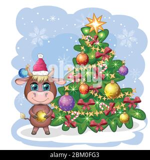 Frohe Weihnachten und ein gutes neues Jahr. Lustige Kuh in rotem Hut mit Geschenk im Cartoon-Stil. Grußkarte. Stock Vektor