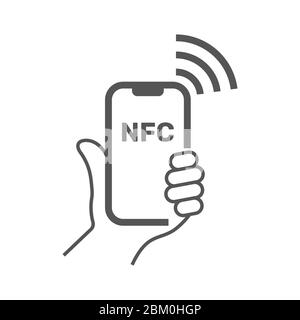 Near Field Communication, Handy mit NFC-Modul in der Hand, Zahlung mittels Smartphone, NFC Vektorlinie Symbol für Anwendungen und Websites. Editierbare Anschlag Stock Vektor