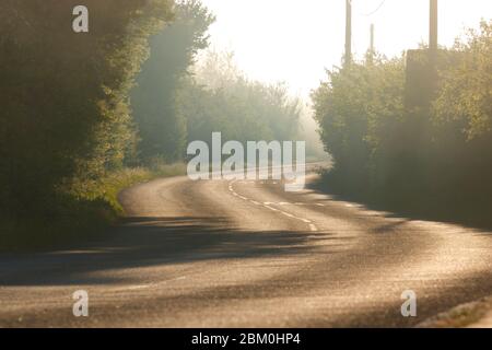 Ein stimmungsvoller nebliger Morgen auf der Newton Lane, die zwischen Allerton Bywater in West Yorkshire und Fairburn in North Yorkshire verläuft. Stockfoto