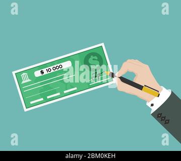 Mann Hand seufzt Bankscheck. Draufsicht der Vektorgrafiken in flacher Bauform Stock Vektor