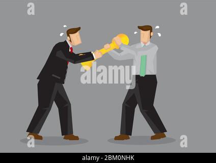 Zwei Geschäftsleute kämpfen um eine goldene Trophäe. Cartoon Vektor-Illustration isoliert auf grauem Hintergrund. Stock Vektor